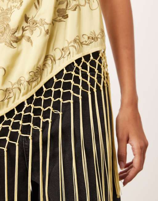 ARRANGE embroidered halterneck asymmetric fringe hem longline top in olive green