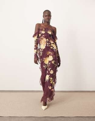 ARRANGE embroidered lace halter cold shoulder ruffle maxi dress in burgundy - BURGUNDY