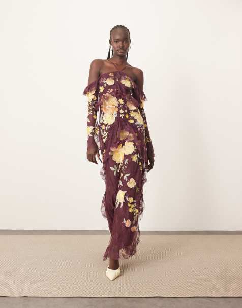 ARRANGE embroidered lace halter cold shoulder ruffle maxi dress in burgundy - view 1