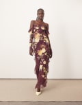 [ARRANGE] ARRANGE embroidered lace halter cold shoulder ruffle maxi dress in burgundy 4 Burgundy