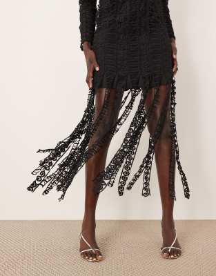 Arrange Embroidered Lace Long Sleeve Midi Dress With Fringe Hem In Black