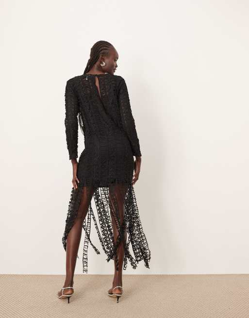 ARRANGE embroidered lace long sleeve midi dress with fringe hem in
