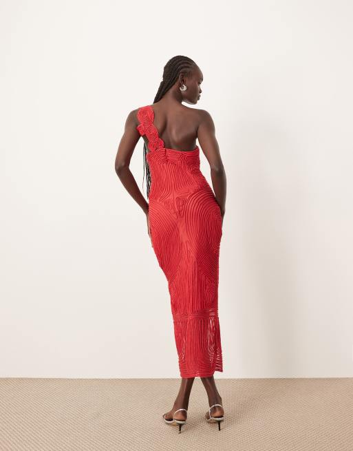 ARRANGE embroidered satin cornelli one shoulder maxi dress in red