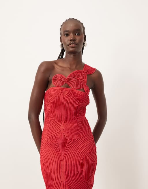 ARRANGE embroidered satin cornelli one shoulder maxi dress in red
