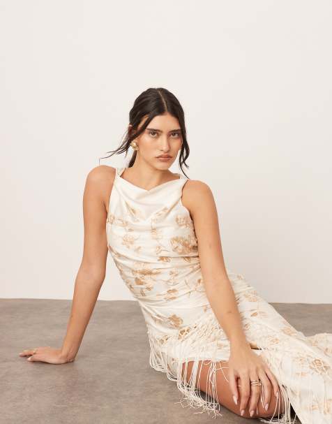 ARRANGE embroidered satin drape midi dress with fringe in off white - view 1