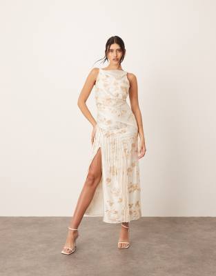 Shop Arrange Embroidered Satin Drape Midi Dress With Fringe