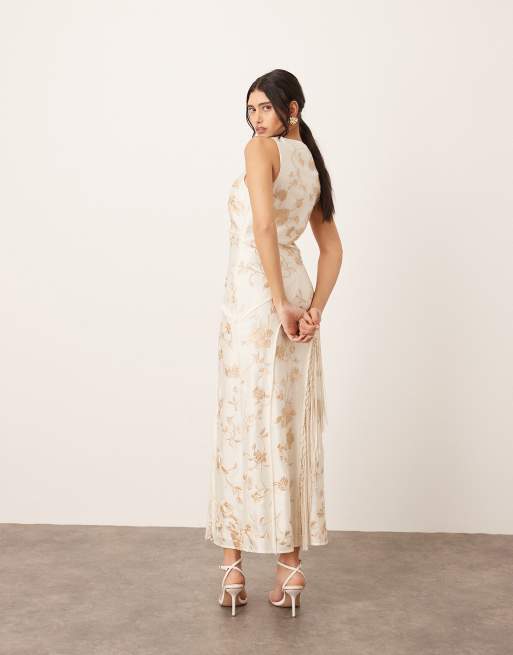 ARRANGE embroidered satin drape midi dress with fringe in off white, 3 of 4