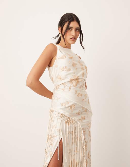 ARRANGE embroidered satin drape midi dress with fringe in off white, 4 of 4