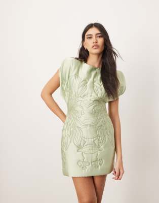 Arrange Embroidered Satin Quilted Mini Dress In Green