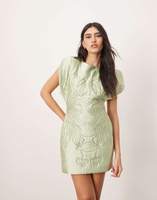 ARRANGE embroidered satin quilted mini dress in sage