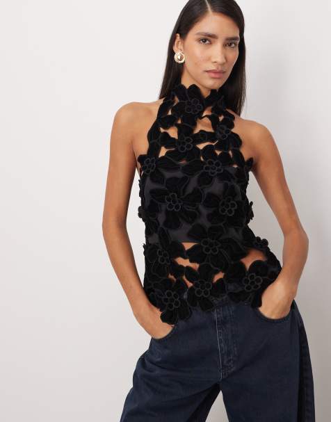 ARRANGE embroidered velvet quilted cut work halterneck high neck top in black - view 1