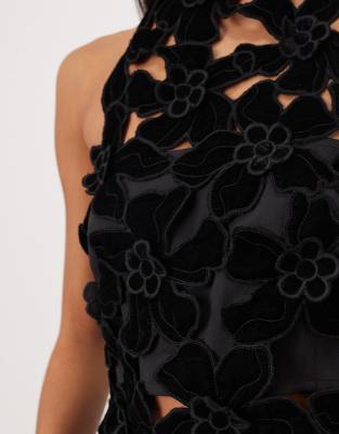 Arrange Embroidered Velvet Quilted Cut Work Halterneck High Neck Top In Black