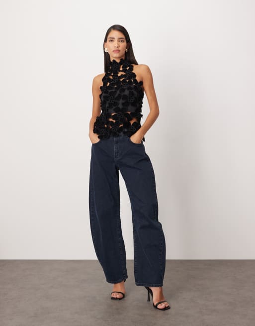 ARRANGE embroidered velvet quilted cut work halterneck high neck top in black