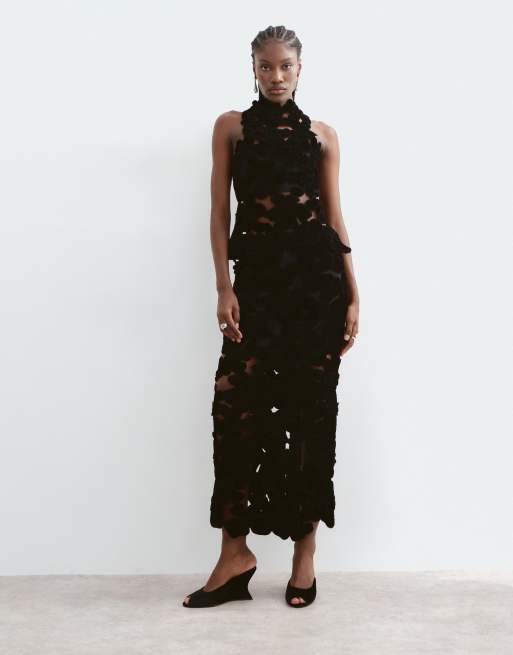 ARRANGE embroidered velvet quilted cut work halterneck top in black, 2 of 5
