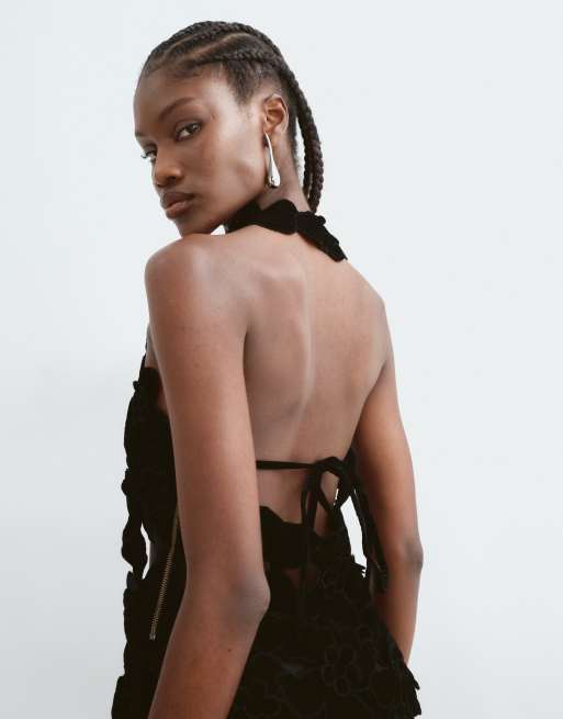 ARRANGE embroidered velvet quilted cut work halterneck top in black, 3 of 5