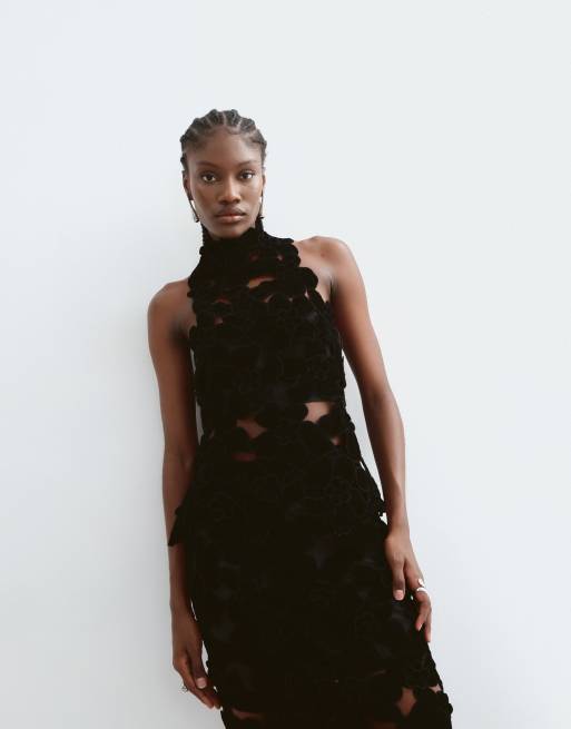 ARRANGE embroidered velvet quilted cutwork halterneck top in black, 5 of 5