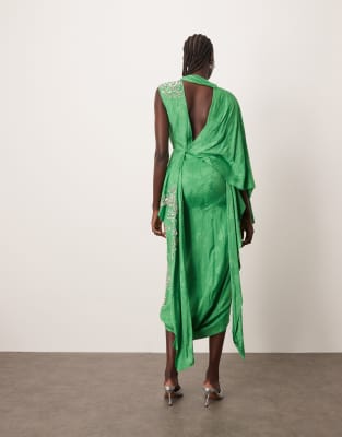 Arrange Encrusted Motif Cape Sleeve Decon Midi Dress In Green
