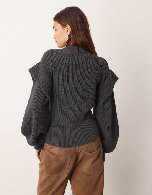 ARRANGE engineered knit sculpted sweater with shoulder detailing in charcoal