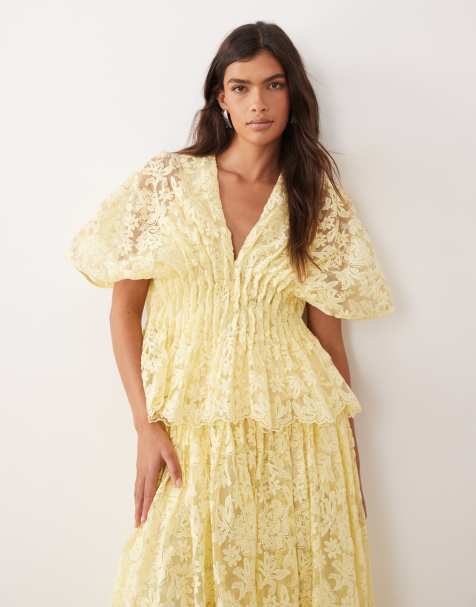 ARRANGE - Ensemble à broderies fleuries avec jupe longueur mollet et top plissé à taille cintrée - Jaune - view 1