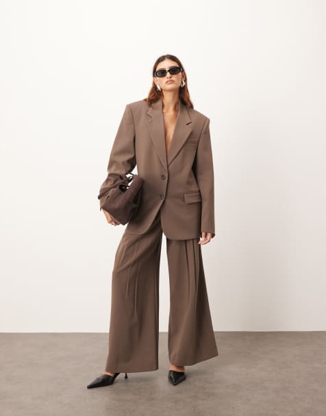 ARRANGE - Ensemble blazer droit oversize en laine et pantalon ample à pinces - Chocolat - view 1