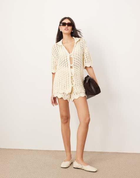 ARRANGE - Ensemble chemise et short en maille ajourée - Crème - view 1