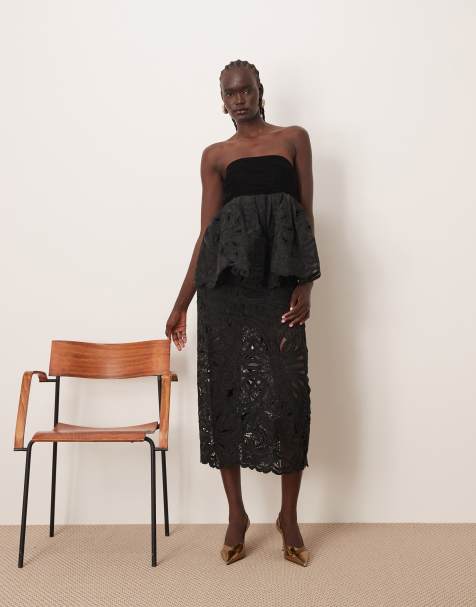 ARRANGE - Ensemble en velours avec jupe mi-longue et top bandeau à broderies Cornely fleuries - Noir - view 1