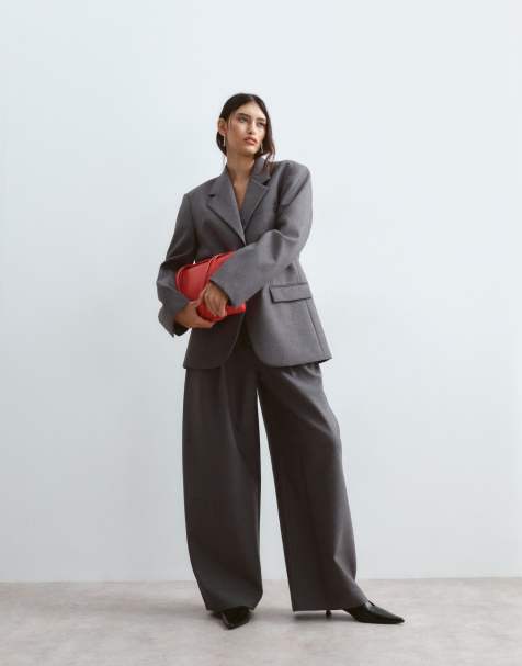ARRANGE - Ensemble haut de gamme en laine avec blazer oversize à doublure rayée contrastée et pantalon ajusté Spence - Gris - view 1