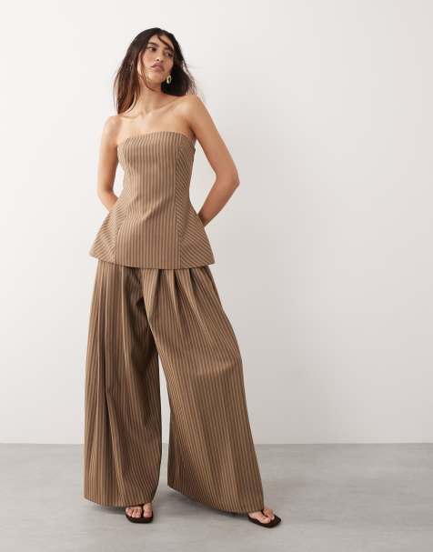ARRANGE - Ensemble pantalon ample et top bandeau à rayures contrastantes - Chocolat - view 1