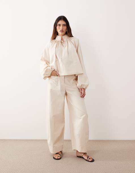 ARRANGE - Ensemble top à manches bouffantes et encolure froncée avec pantalon ample - Taupe - view 1