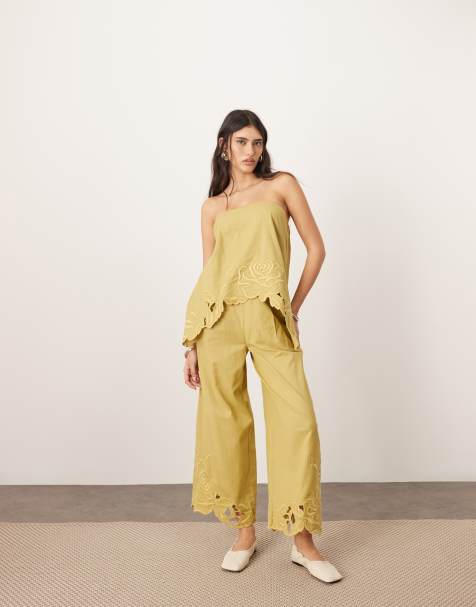 ARRANGE - Ensemble top bandeau long et pantalon en coton à découpes et broderies fleuries - Vert olive - view 1