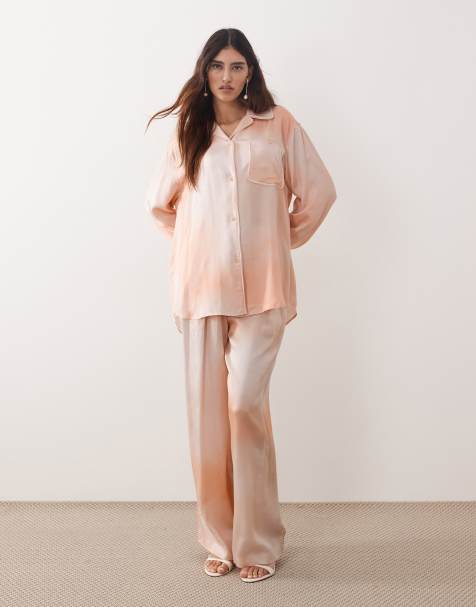 ARRANGE - Ensemble top boutonné et pantalon plissé en satin - Orange clair - view 1