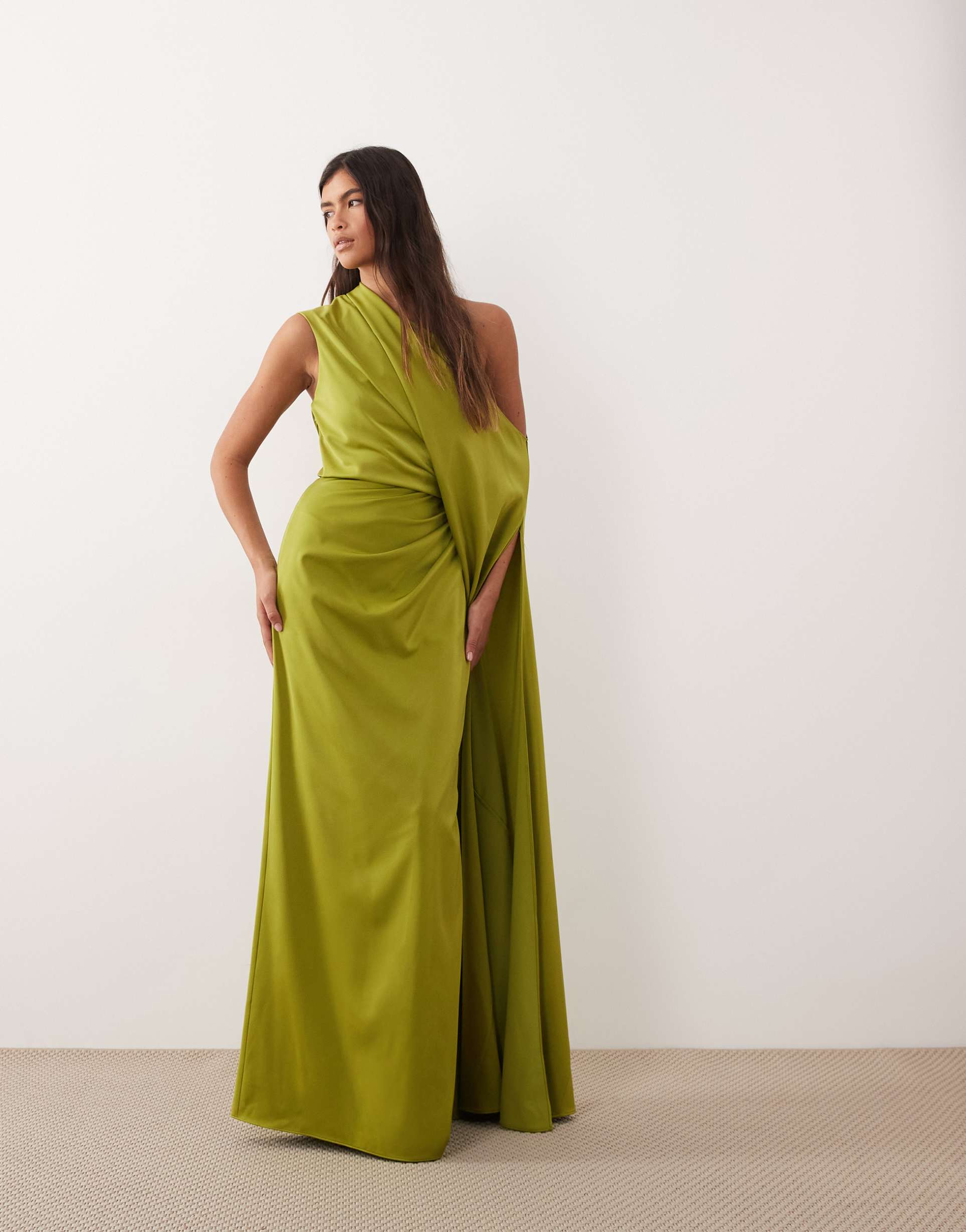 arrange extreme fallen shoulder maxi dress in olive green