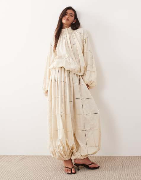 ARRANGE eyelet balloon sleeve shirt and pants set in cream - view 1