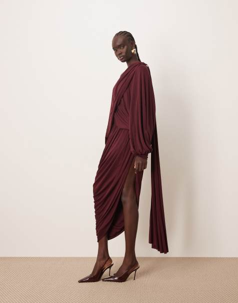 ARRANGE fallen shoulder draped midi dress with train back in burgundy
