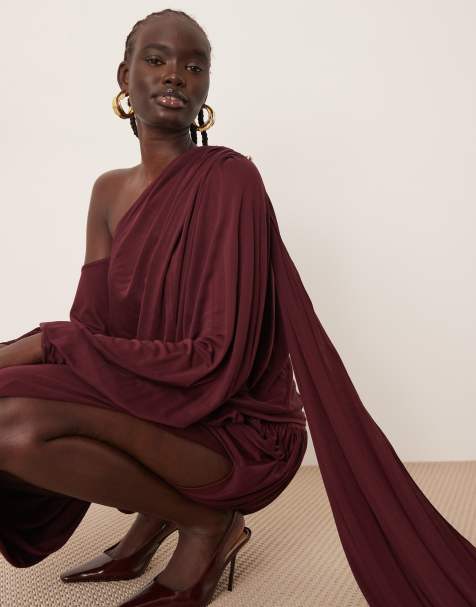 knee length dresses for ladies Burgundy Satin Allura Midi Dress