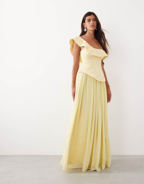 ARRANGE fallen shoulder structured maxi dress with full skirt in lemon yellow - view 1