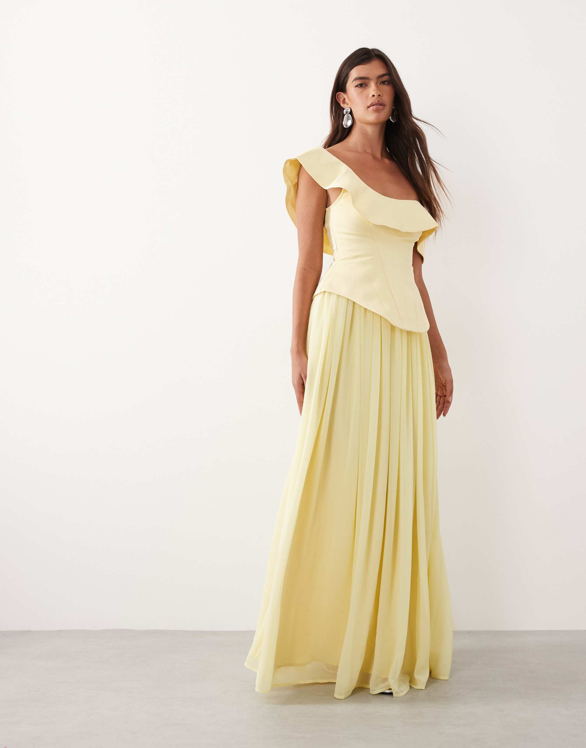arrange fallen shoulder structured maxi dress with full skirt in lemon yellow