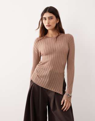 ARRANGE fine rib long sleeve knit top in mocha | ASOS