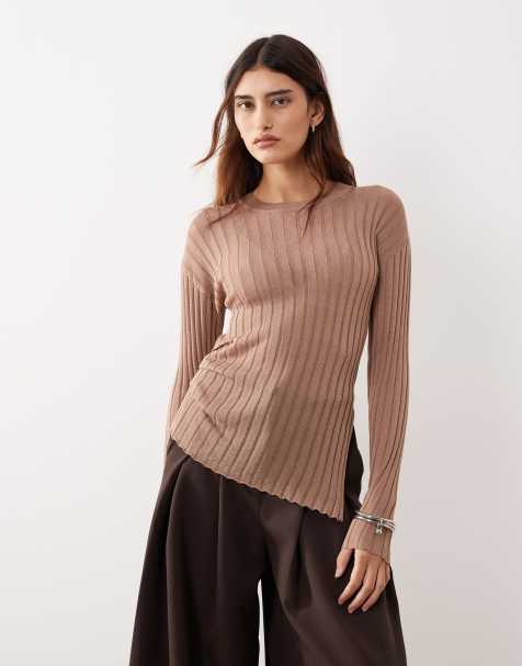 ARRANGE fine rib long sleeve knit top in mocha - view 1