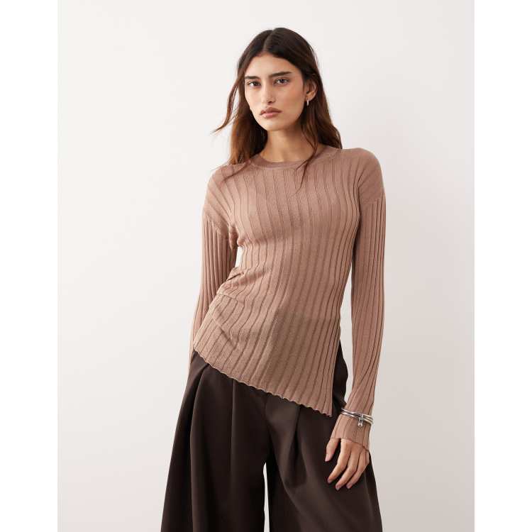 ARRANGE fine rib long sleeve knit top in mocha | ASOS