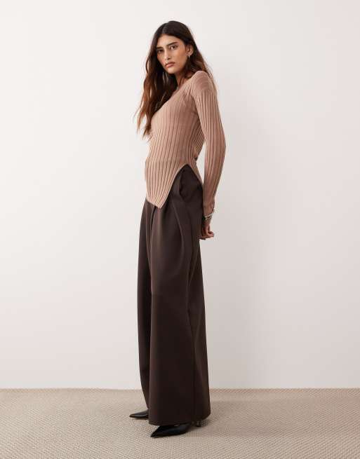 ARRANGE fine rib long sleeve knit top in mocha, 2 of 4