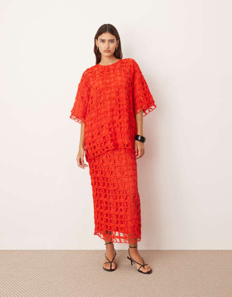 ARRANGE floral cutwork column midi skirt in red - part of a set - view 1