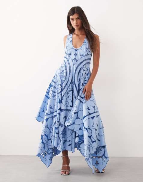 ARRANGE floral cutwork embroidered square cut hem maxi dress in blue - view 1