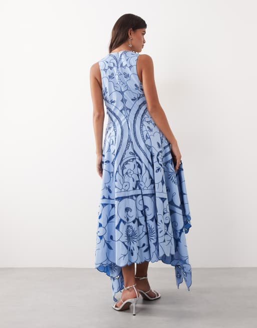 ARRANGE floral cutwork embroidered square cut hem maxi dress in blue, 4 of 4