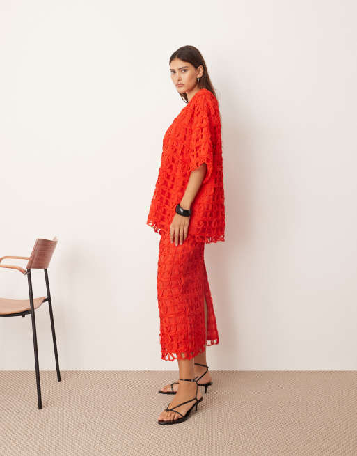 ARRANGE floral cutwork oversized t-shirt co-ord in red, 3 of 4