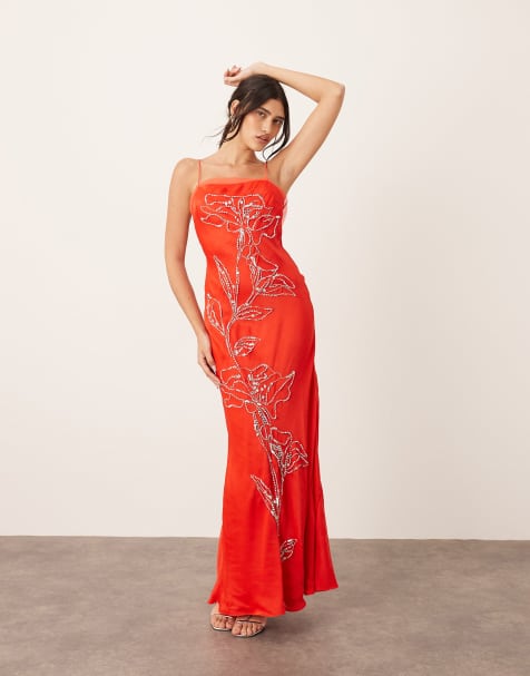 ARRANGE floral embellished cami maxi dress with low back in red - view 1