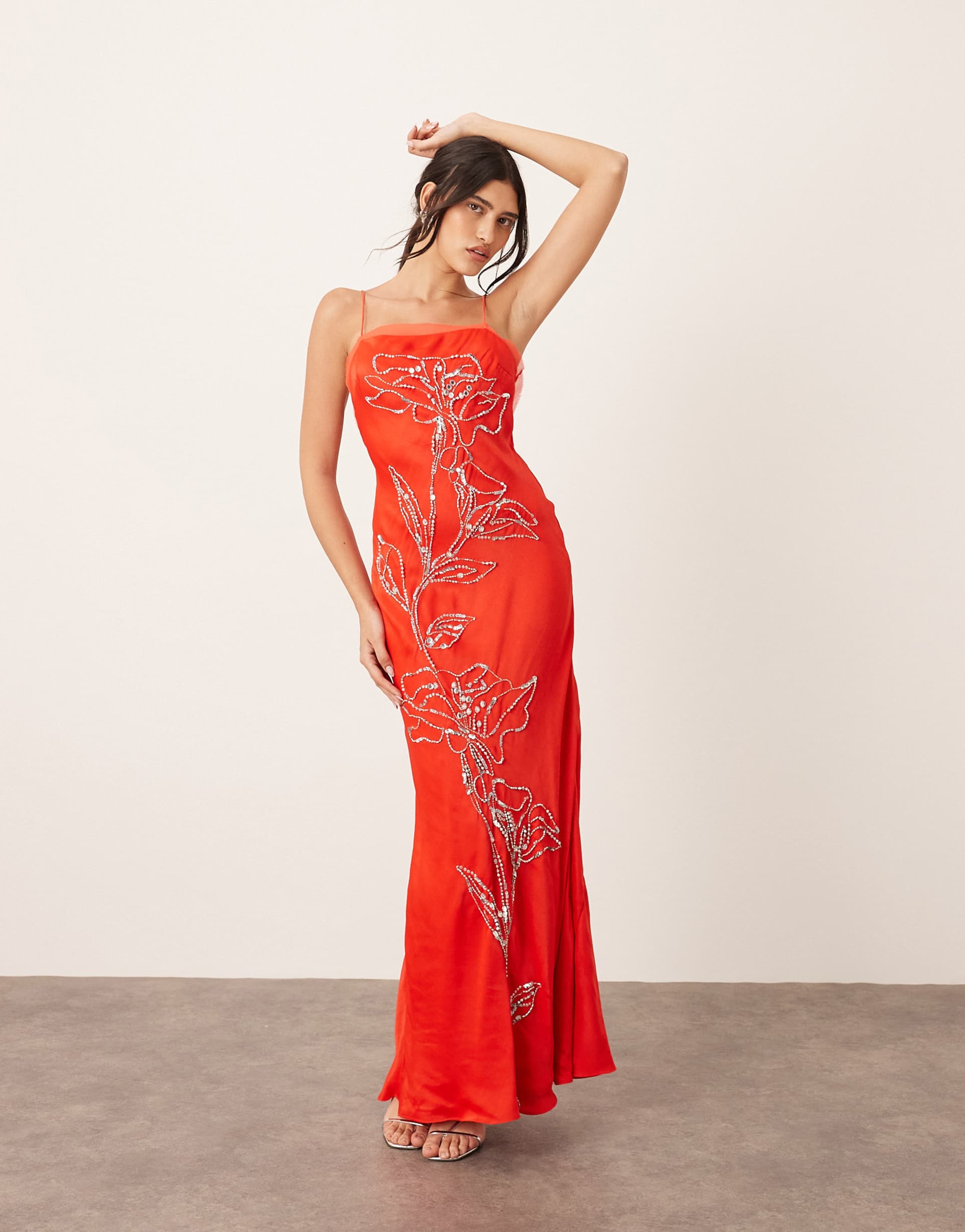 arrange floral embellished cami maxi dress with low back in red