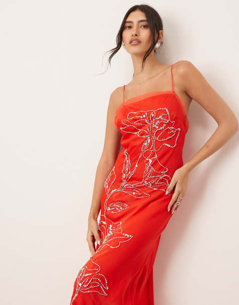 ARRANGE floral embellished cami maxi dress with low back in red - view 1