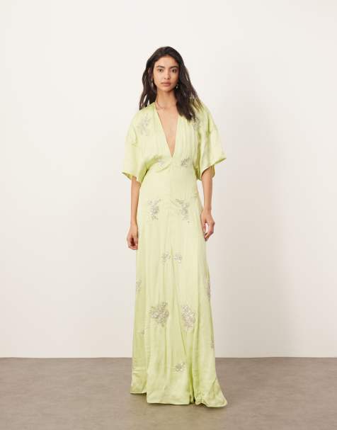 ARRANGE floral embellished modern 30's tea maxi dress in lime green - view 1