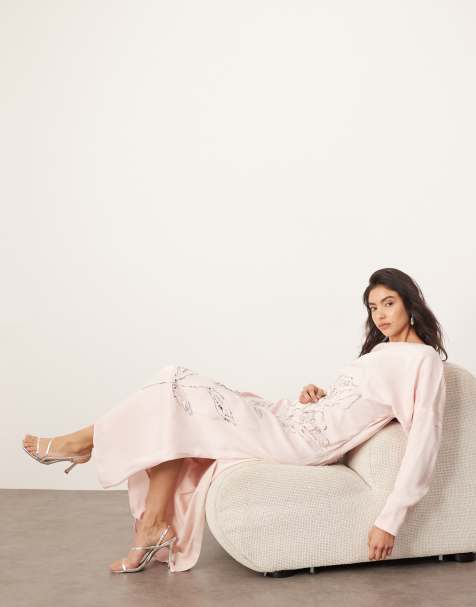 ARRANGE floral embellished slouchy plunge wrap maxi dress in light pink - view 1